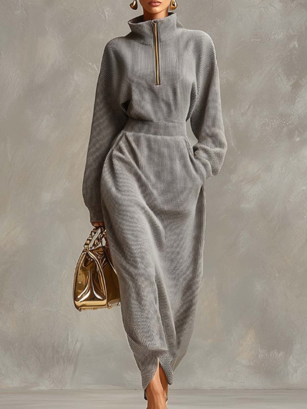 Waffle Knit Quarter-Zip Midi Dress